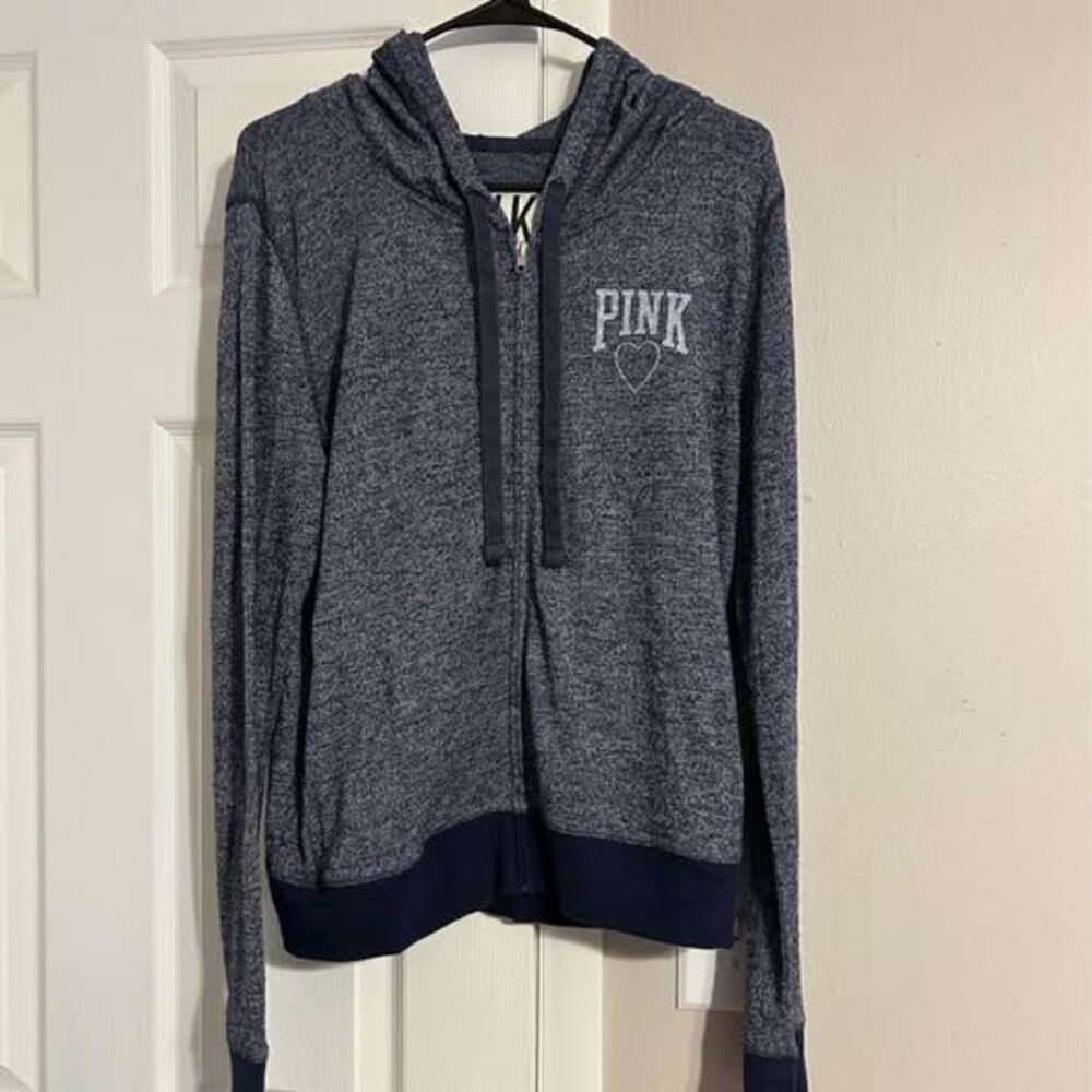 Victoria’s Secret Large PINK Women’s Full Zip Hoodie Blue Heart Logo Jacket